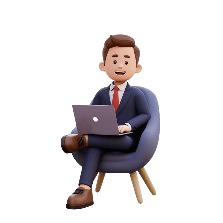 3D illustration of a man in a suit sitting in a chair with a laptop.